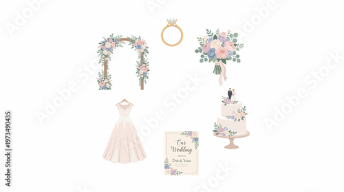 Wedding Object Set Ring Bouquet Cake Invitation Dress Arch Romantic Vector Illustration Isolated on White Background