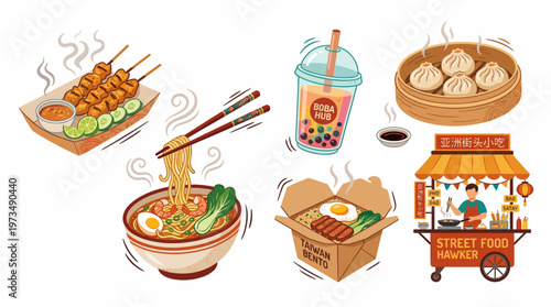 Global Culinary Delights: A vibrant visual feast of Asian-inspired street food, featuring aromatic dishes and refreshing beverages, promising a taste of diverse cultures and culinary expertise.