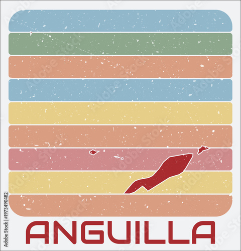 Anguilla vintage logo. Shape of the country on retro colored stripes background. Anguilla map design with grunge scratch texture. Vector illustration.