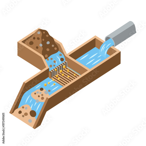 Sluice Box Illustration - Gold Mining and Mineral Separation.