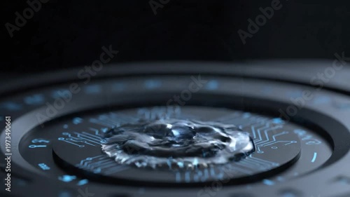 Liquid water drop falling and splashing on glowing digital circuit board