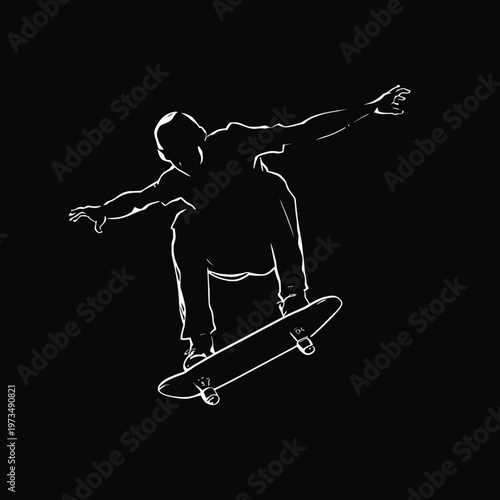 A silhouette of a skateboarder executing a dynamic mid-air trick against a black background