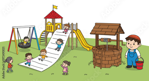Kids playing in playground with slide and swing, farmer near water well outdoor children activity cartoon vector illustration