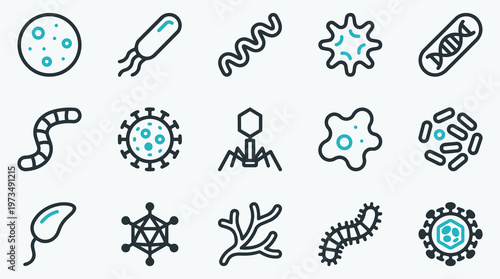Minimalist Line Art Icons of 15 Germs Microbes and Infectious Agents