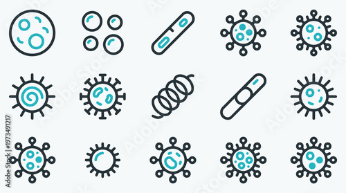 Microbiology Icon Set Featuring 15 Various Virus and Bacteria Shapes
