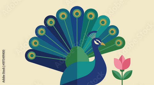 Vibrant peacock with pink flower illustration.