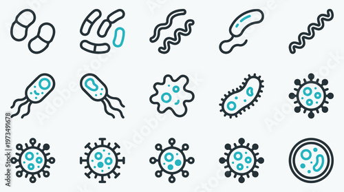 Collection of microbiology icons featuring bacteria viruses and germs