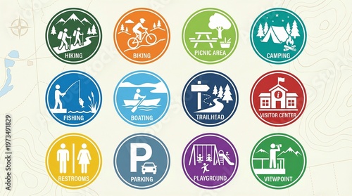 Outdoor recreation and facilities icons for parks and leisure with recreation
