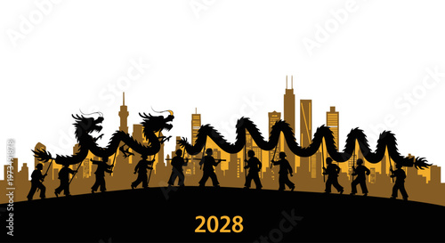 Silhouette of Protesters with Fire and City Skyline 2028 Vector Illustration