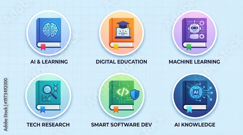Collection of icons representing AI, technology, and digital education concepts