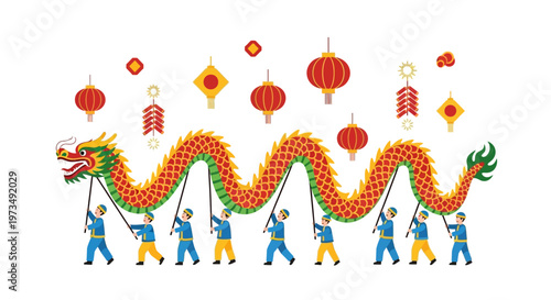 Chinese New Year Dragon Dance Vector Illustration with Lanterns and Performers