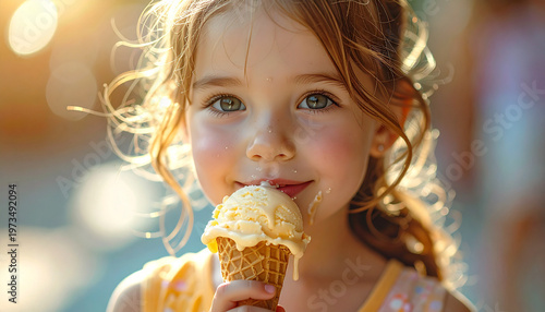 Photorealistic portrait of a child holding an ice cream cone, juice dripping, summer