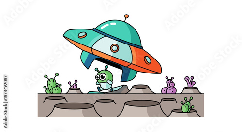 Cute Alien Characters and Spaceship Vector Illustration for Kids Design