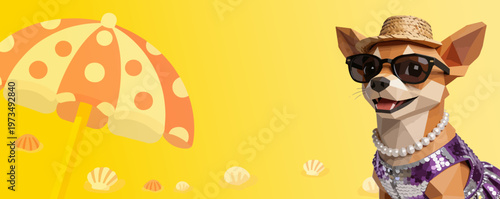 geometric style, vector illustration, pets banner with stylish chihuahua in sunglasses and purple outfit for summer pet branding