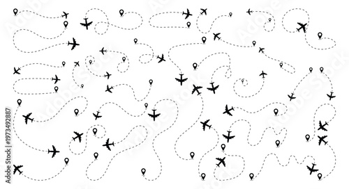 Airplane Flight Routes with Location Pins and Dashed Travel Path. Airplane Flight Route Dotted Line. Travel Journey Concept with Airplane Routes and Location Pin Icons. vector illustration.