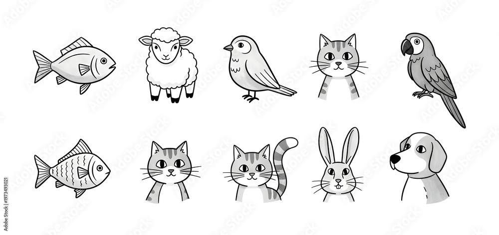 Obraz premium Charming monochrome sketch collection featuring diverse animal portraits, including fish, sheep, birds, cats, a parrot, and a rabbit, presented in a playful, illustrative style.