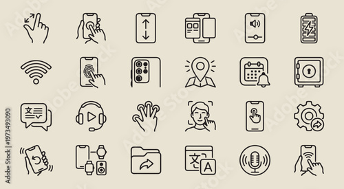 mobile interface ui navigation, smartphone app interaction icons, digital user experience graphics, hand drawn mobile touch elements, creative software interface symbols, sketchy handheld device illus