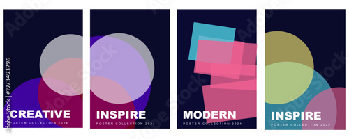 Four vibrant abstract vertical banners with overlapping shapes and text showcasing modern design and inspirational messages