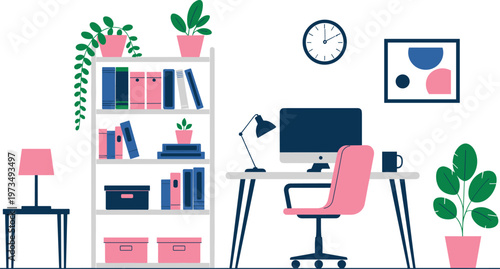 workspace flat vector illustration with pink chair, computer desk, white bookshelf, potted plants, lamp, and wall clock.
