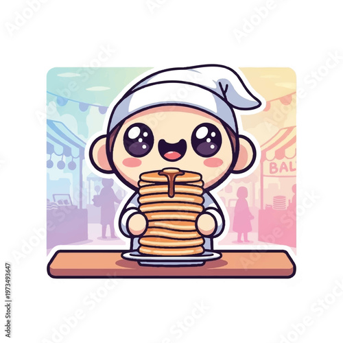 Cartoon character eating pancakes happily.