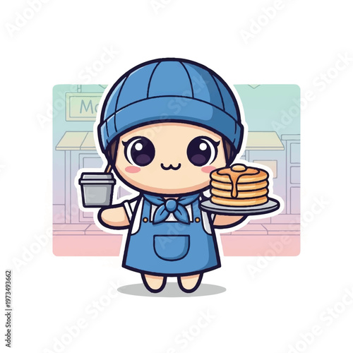 Cartoon character holding pancakes and coffee.