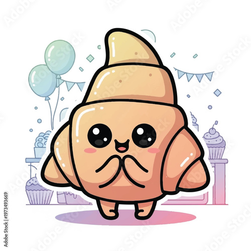 Cartoon Croissant Character With Face.