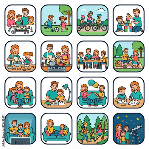 Diverse family activities set, showing parents and children enjoying quality time at home and outdoors through various leisure and educational pursuits in a clean, illustrative style.
