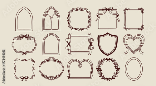 shield crest outline frames, hand drawn heraldic borders, creative classic frame illustrations, decorative sketchy label graphics, organic antique border elements, elegant stationery design symbols, v