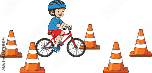 Cute boy riding bicycle with helmet practicing cycling around traffic cones cartoon kids safety training vector illustration