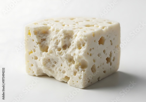 A block of feta cheese on a white surface