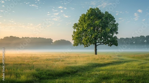 Serene Rural Landscape Scene with Gentle Mist and Lush Green Trees