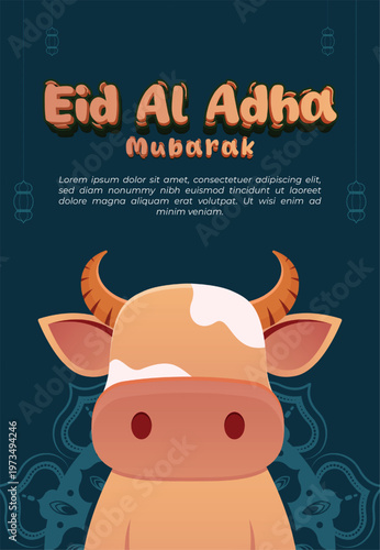 Eid Al Adha Mubarak Poster with Cartoon Cow