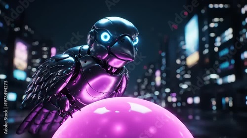 Futuristic Robot Bird with Pink Orb Cityscape.
