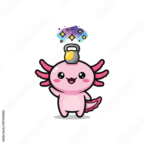 Cute pink axolotl lifting dumbbell.