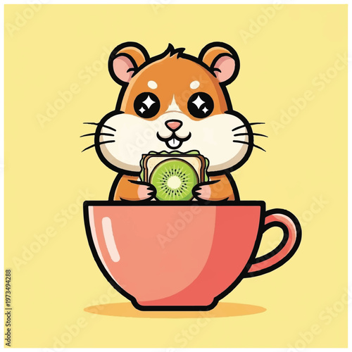 Cute hamster eating kiwi fruit.