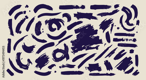 artistic brush stroke patterns, creative navy blue ink, hand drawn paint texture, decorative gestural mark graphics, sketchy artistic design elements, modern abstract painting symbols, organic brushwo