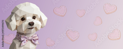 geometric illustration, pet banner with stylized white poodle and heart accents