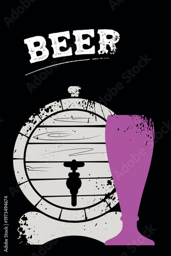 Stylized beer keg and glass illustration for Oktoberfest or local beer festivals. The textured, vintage look is ideal for event invitations, tickets, and seasonal brewery promotions