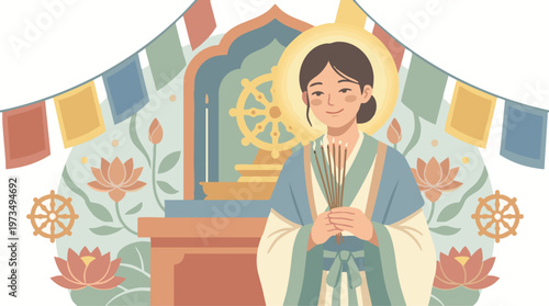 Visakha Bucha Illustration with Woman Holding Incense Sticks