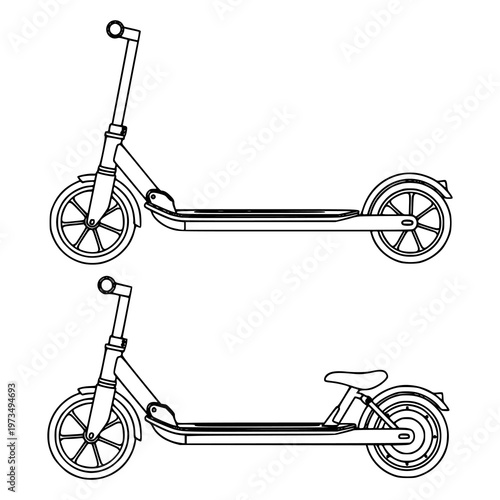 Scooters Line Drawings for Urban Transportation. Line drawings of two scooters, one with handlebar upright and one folded, ideal for urban commute
