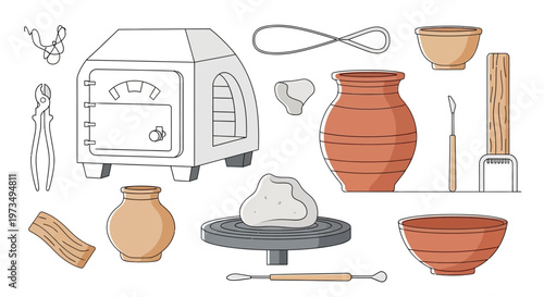 Set of pottery tools and clay vessels for ceramic crafting and sculpting.