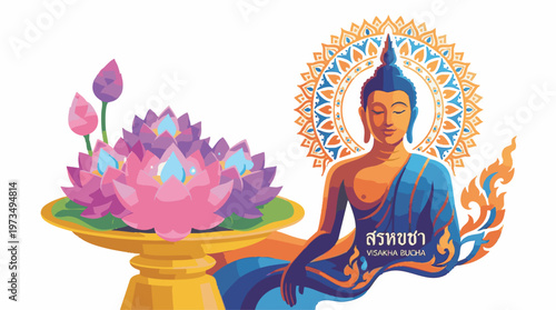 Lotus Flower Offering for Visakha Bucha Celebration Flat Vector