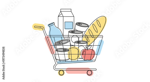 Shopping cart filled with various grocery items including bread, milk, and fruits.