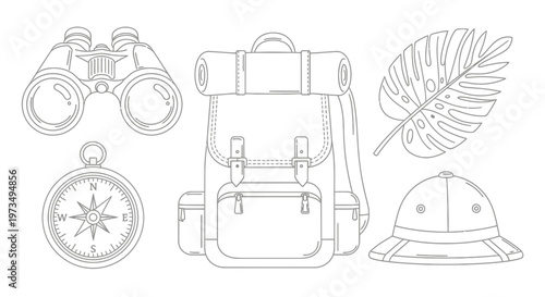Line art illustration of travel and exploration gear including backpack, compass, binoculars, hat, and tropical leaf.