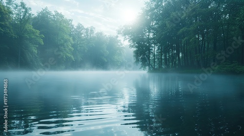 Peaceful Sunrise Atmosphere Over Calm Water with Soft Misty Morning Scenery