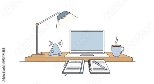 Minimalist home office workspace with laptop, desk lamp, notebook, and coffee cup on wooden table.