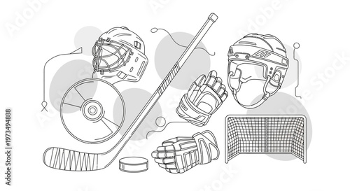 Black and white line art illustration of ice hockey equipment and gear.
