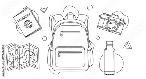 Line art illustration of essential travel items including backpack map passport camera and water bottle.