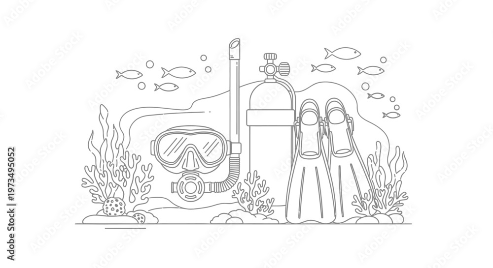 Fototapeta premium Underwater scene with scuba diving equipment and marine life.