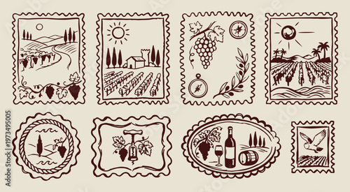 vineyard wine rural landscape, hand drawn farmhouse illustration, creative countryside nature graphics, decorative grape harvest symbols, sketchy winery cellar line art, organic rustic lifestyle eleme